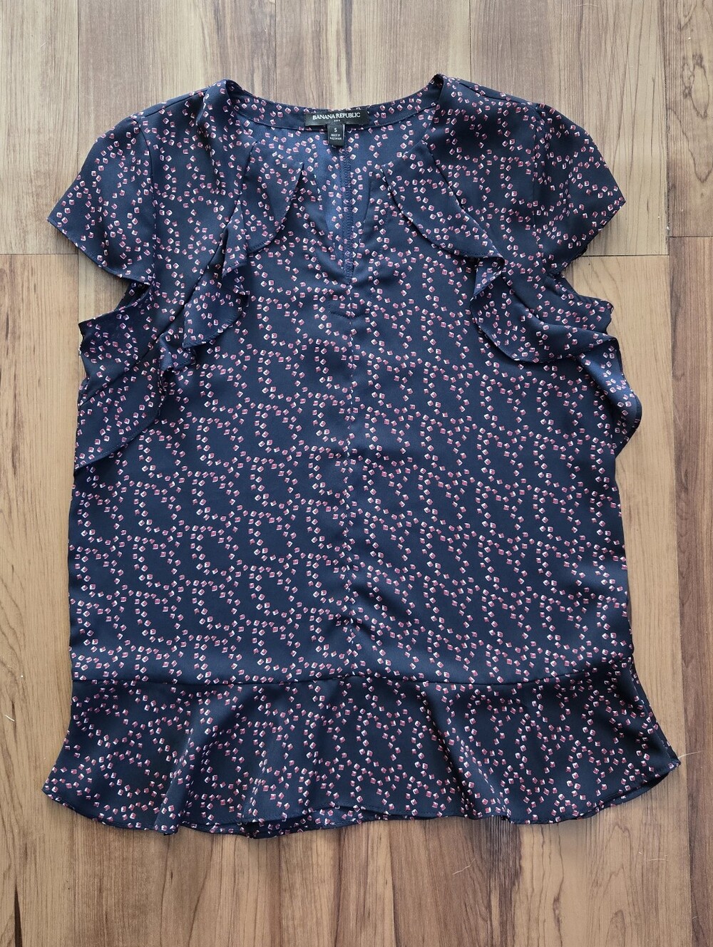 Women’s Small Navy & Burgundy Ruffle Cap Sleeve Blouse Banana Republic Factory